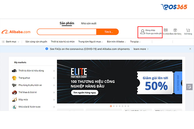 Vào trang bán hàng Alibaba để đăng ký tài khoản