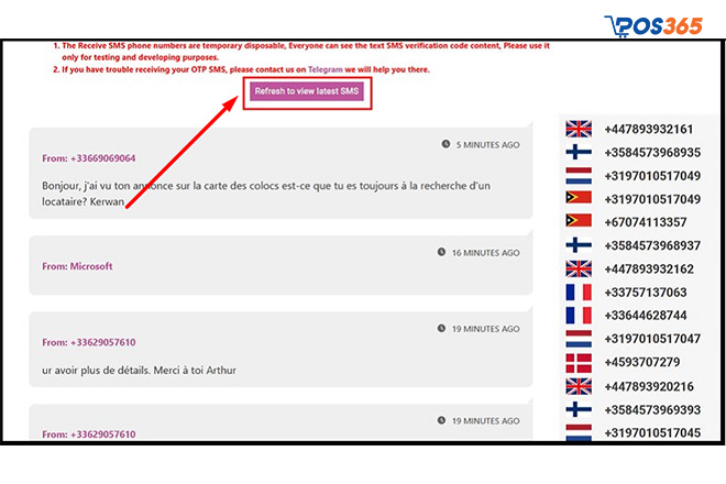 Nhấn Refresh to view latest SMS để trang web tải lại code mới nhất