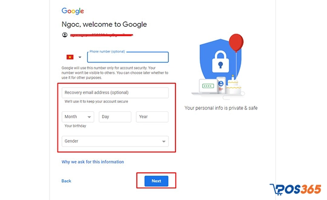 Bước 5: Tiếp tục điền đầy đủ thông mà Google yêu cầu và chọn “Tiếp tục”.