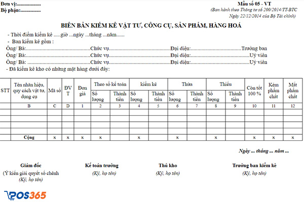 Mẫu biên bản kiểm kê hàng tồn kho theo thông tư 200/2014/TT-BTC